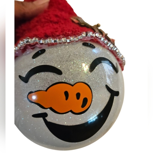 Handmade Glass Ornament Hand Painted Iridescent glitter Upcycled red sock hat - Picture 3 of 17